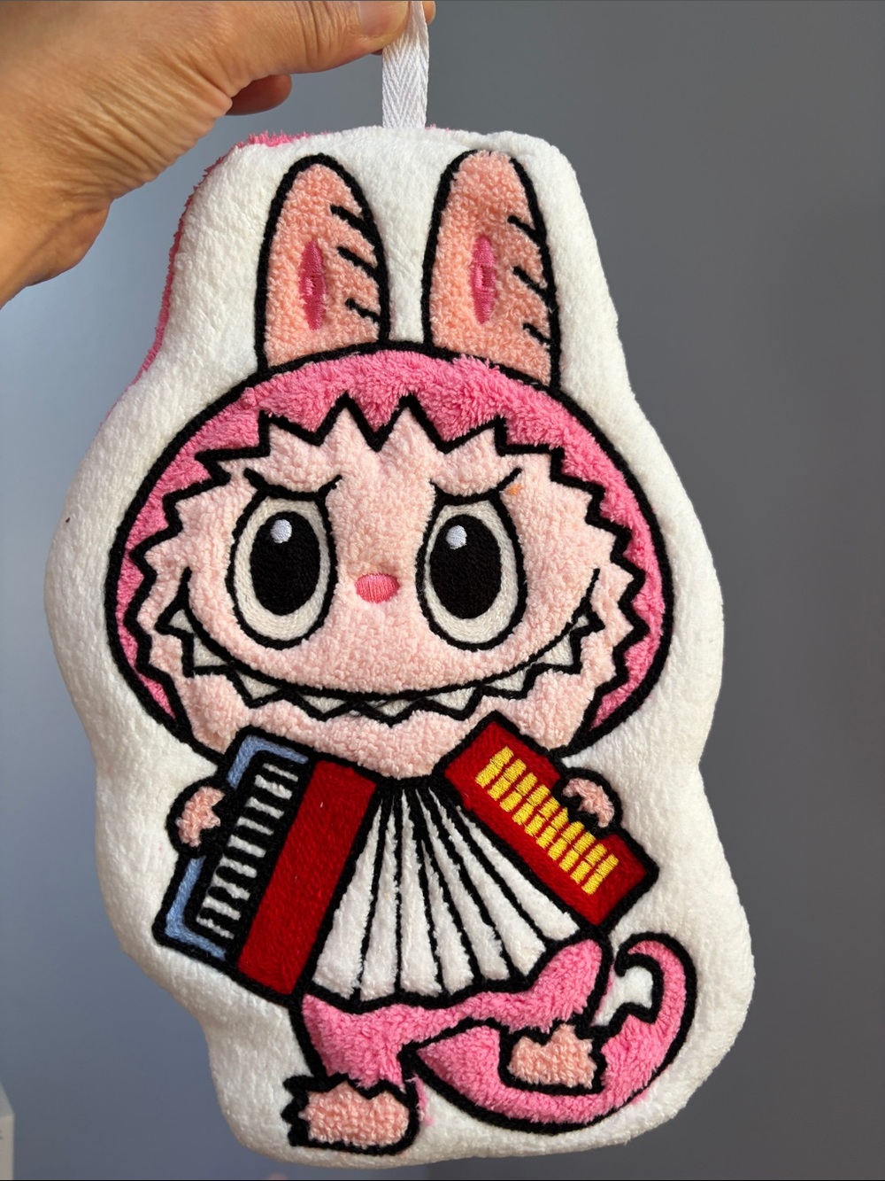 One Pink character inspired Labubu hanging hand towel made of ultra-soft.